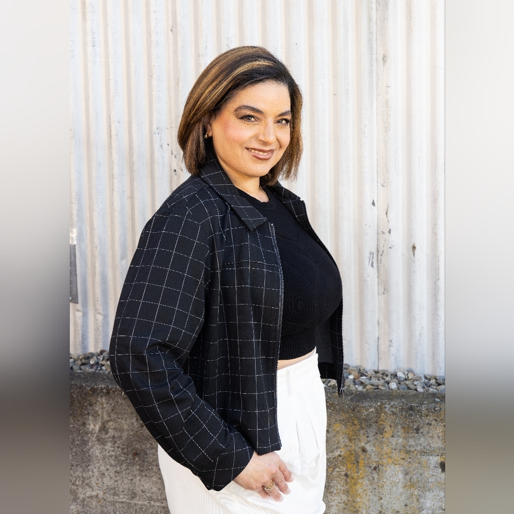 Windowpane Check Crop Zip-Up Jacket - image 8